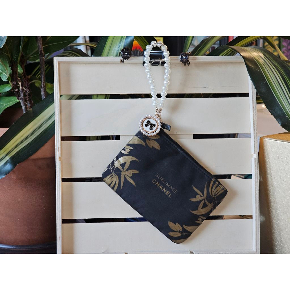 CHANEL Black/Gold Mini Pouch W/Detachable Strap Handle & Charm Added